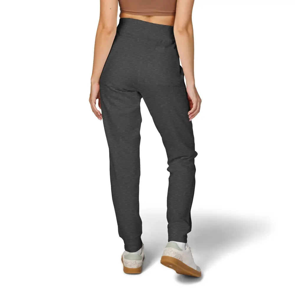 Women’s dark grey high-waisted jogger pants in PixiOnyx cozy unisex fleece sweatpants