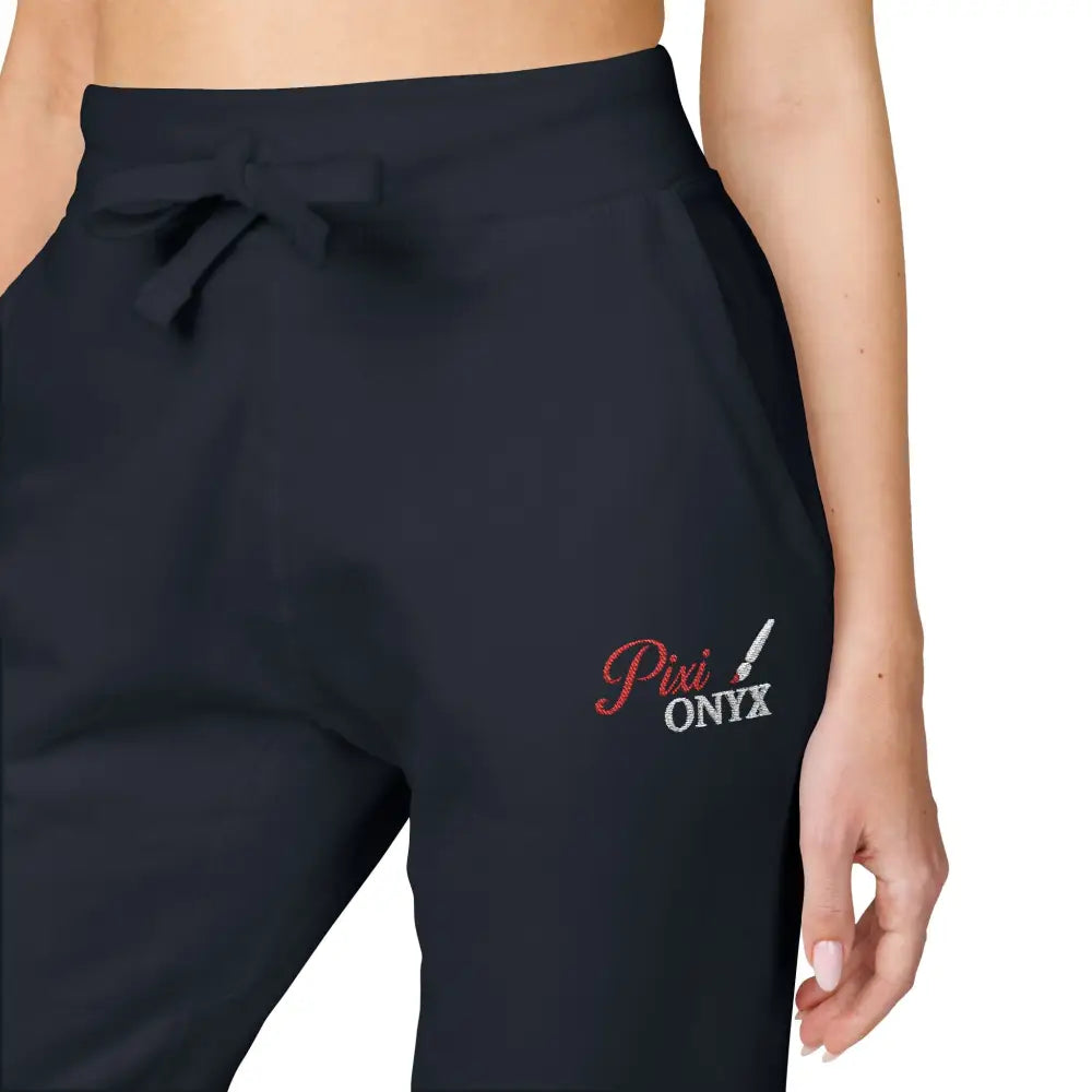 Dark blue cozy unisex fleece sweatpants with embroidered logo and drawstring waist