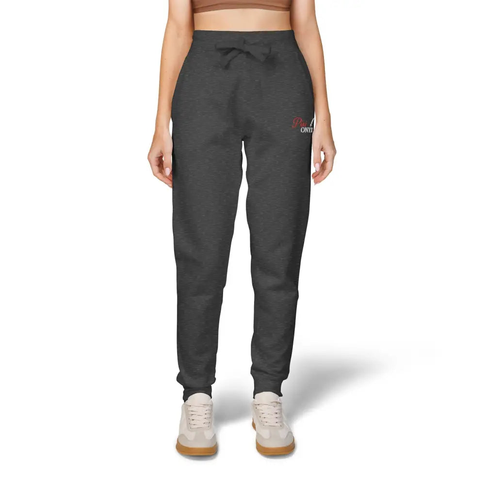 Dark gray cozy unisex fleece sweatpants with drawstring waist and elastic cuffs