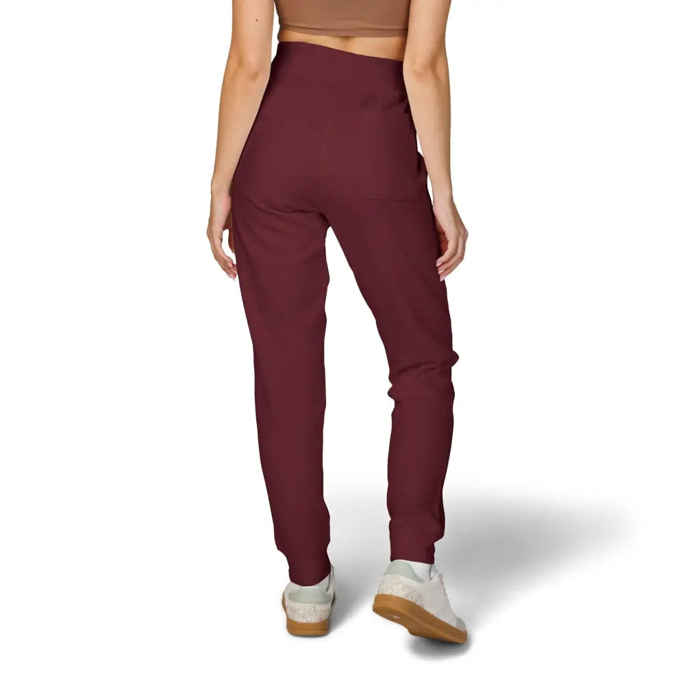 Women’s high-waisted maroon pixionyx cozy unisex fleece sweatpants for relaxation and travel