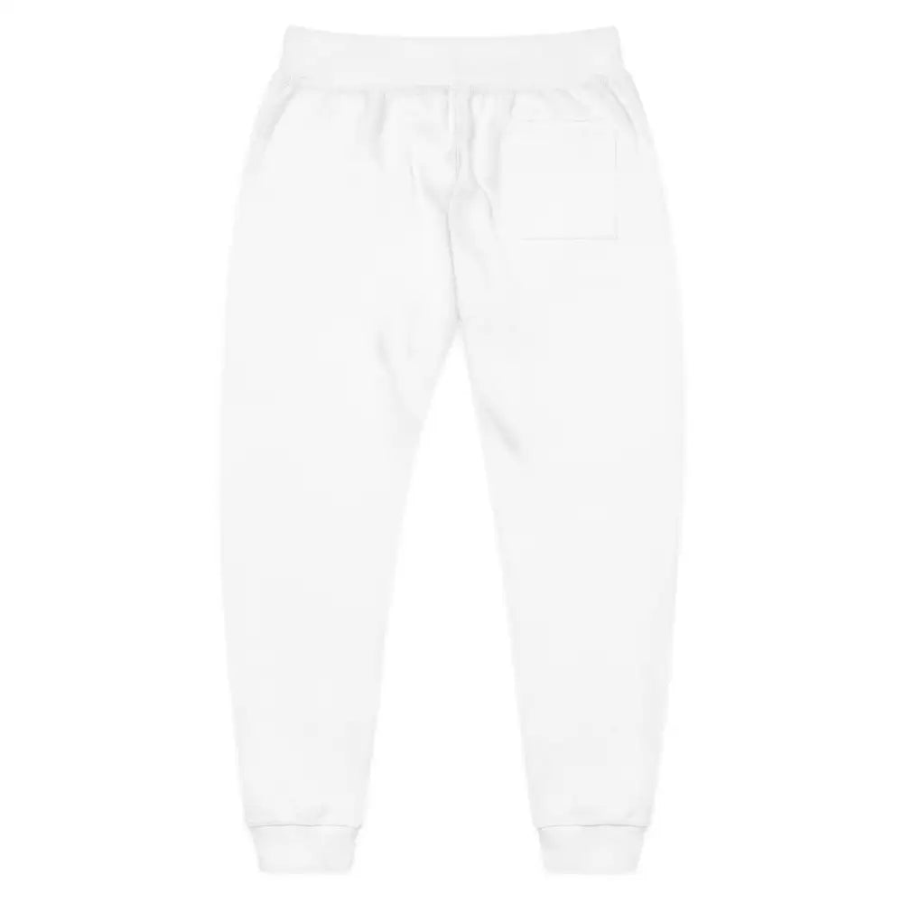 White unisex fleece sweatpants with drawstring waist from PixiOnyx for cozy relaxation