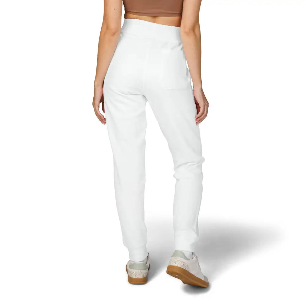 Women’s white high-waisted unisex fleece sweatpants from PixiOnyx for cozy lounge wear