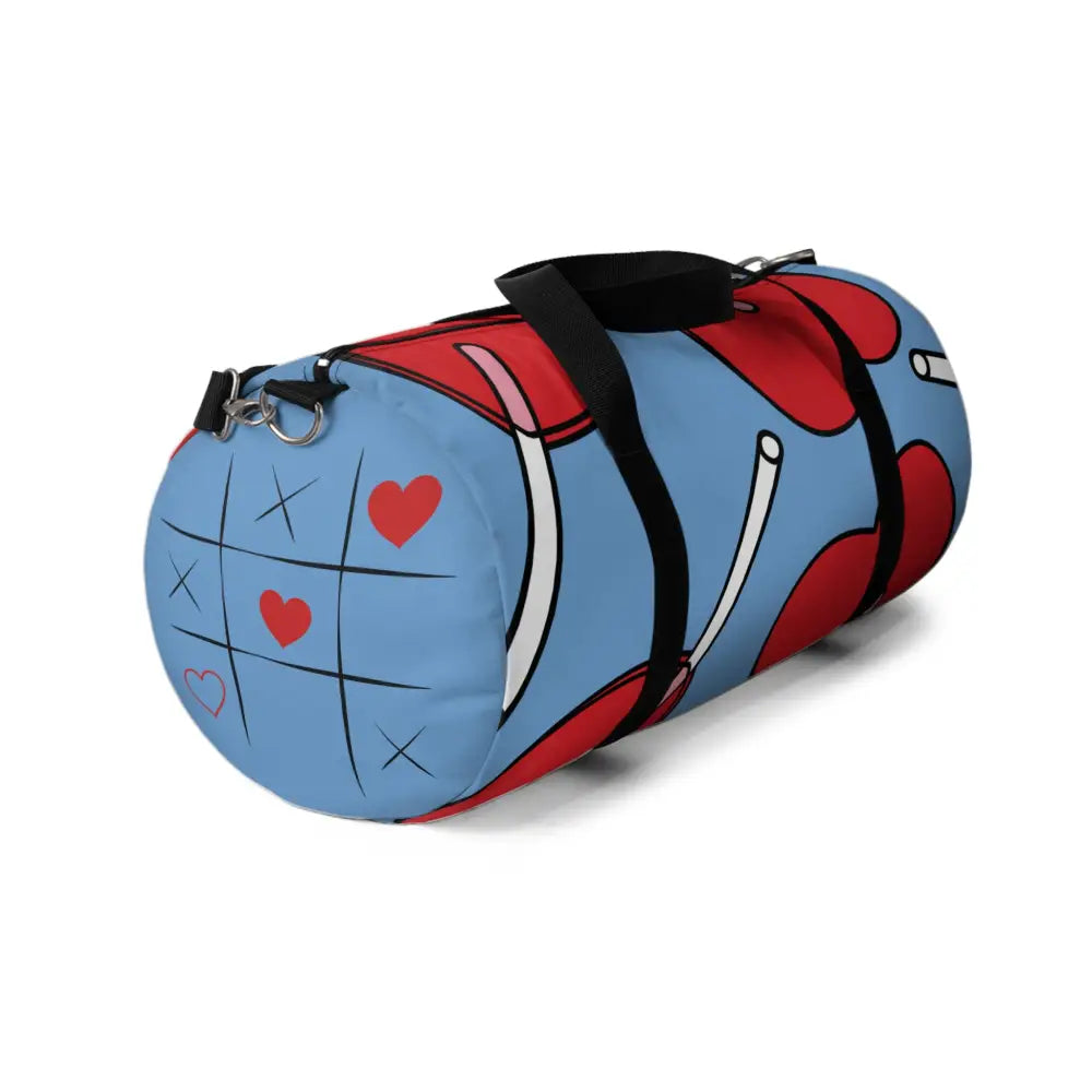 Stylish duffel bag with heart and X designs, perfect for gym, travel, or kids