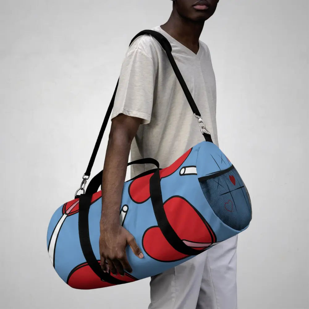 Stylish duffel bag with red abstract shapes and black straps for gym travel or parties