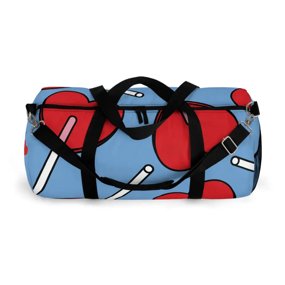 Blue duffel bag with red lollipop pattern, stylish duffel bag for gym and travel