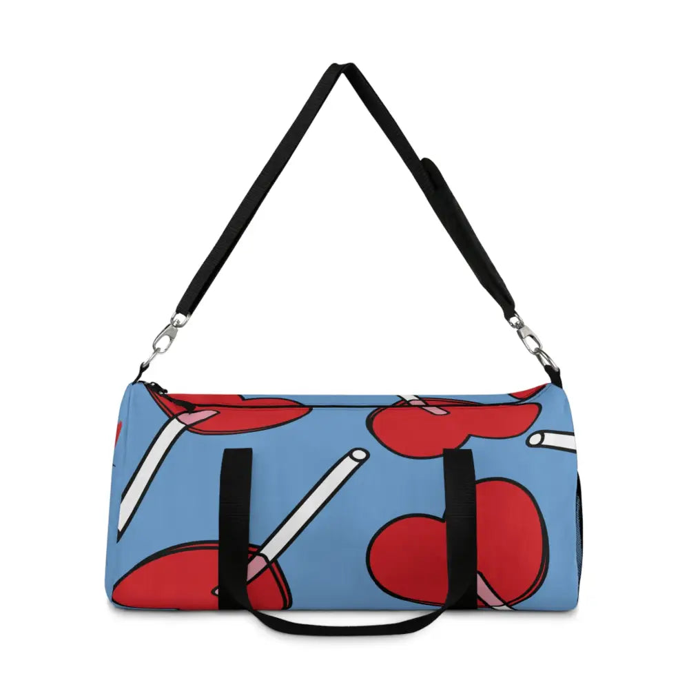 Stylish duffel bag with red and white lollipop pattern for gym travel and kids