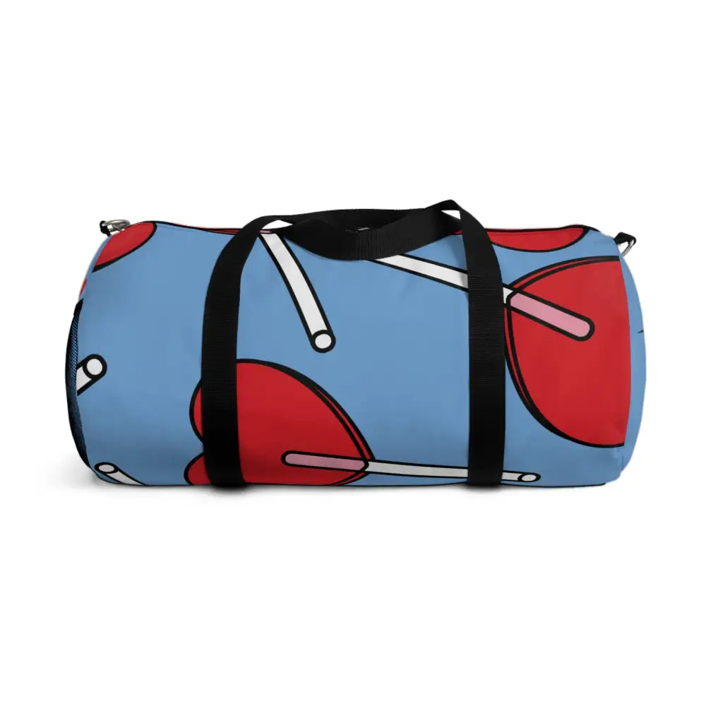 Blue duffel bag with red lollipop pattern, stylish duffel bag for gym and travel