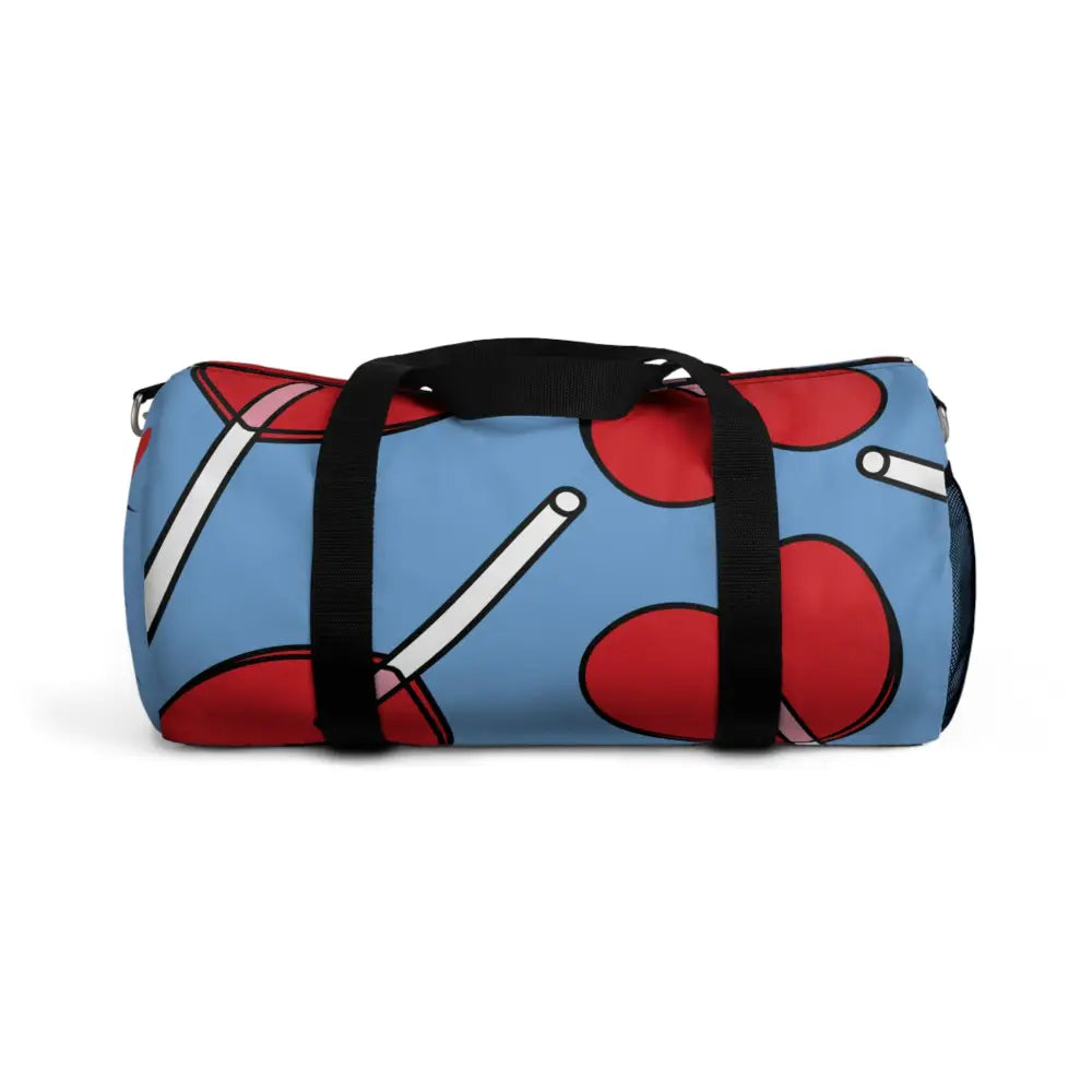 Stylish duffel bag with red and white lollipop pattern, perfect for gym and travel