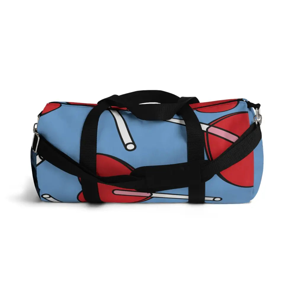 Blue duffel bag with red and white lollipop pattern, stylish duffel bag for travel