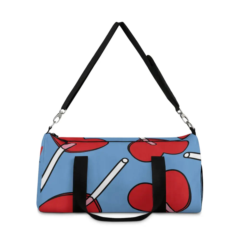 Stylish duffel bag with red lollipop pattern, perfect for gym, travel, and kids