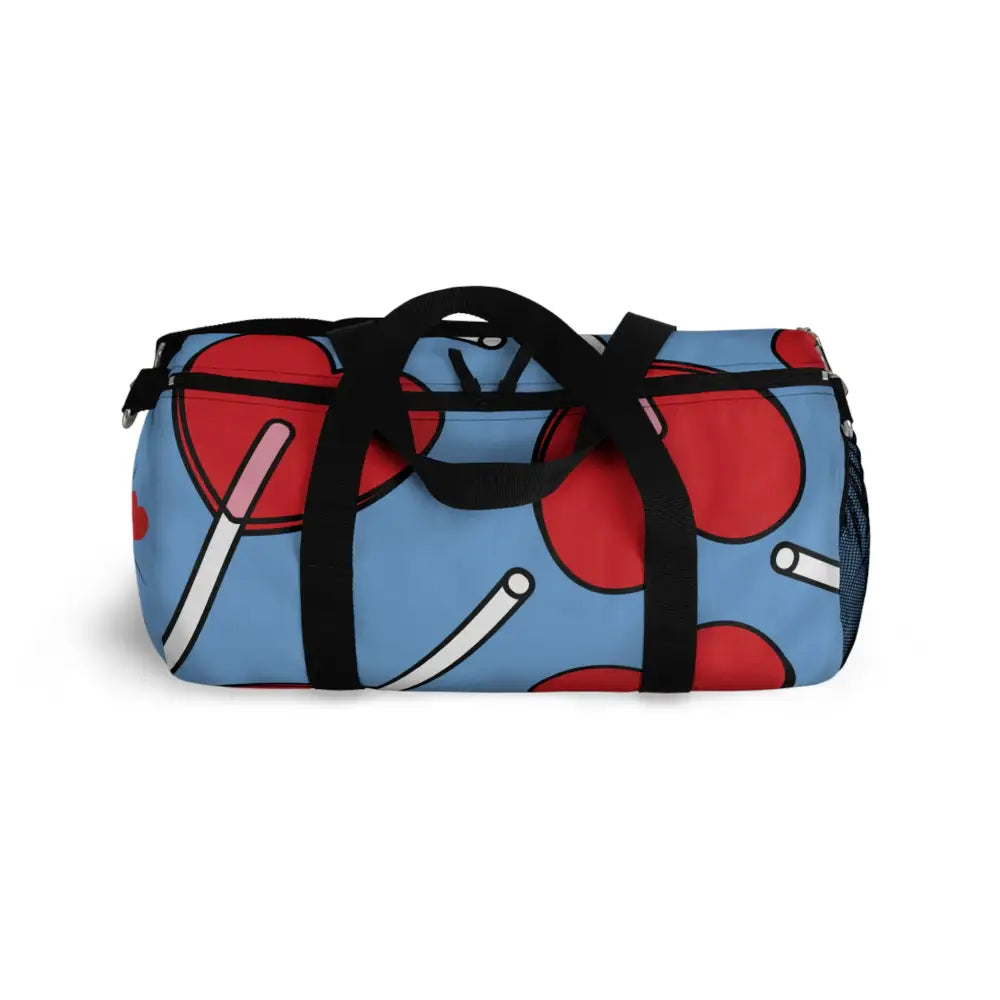 Blue duffel bag with red lollipop pattern, stylish duffel bag for gym and travel