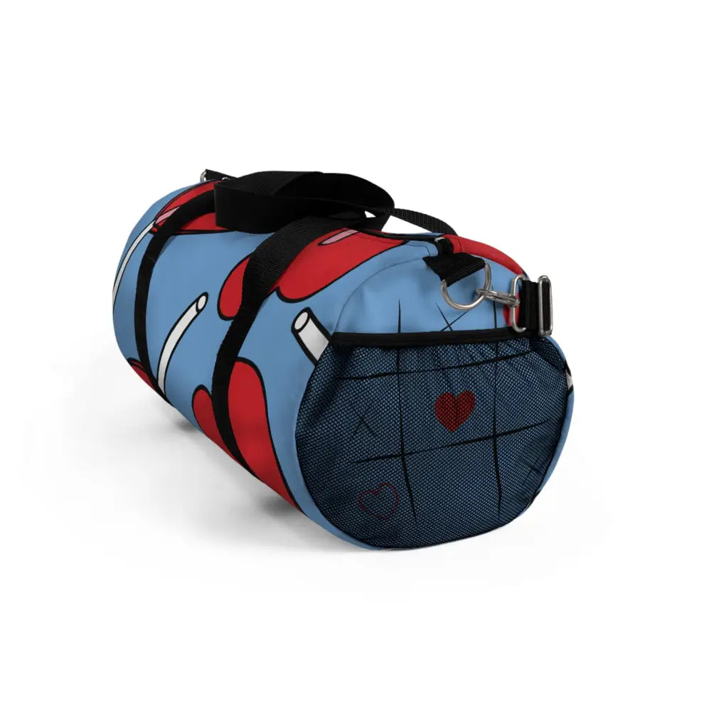 Blue and red stylish duffel bag with black mesh pocket and shoulder strap for travel