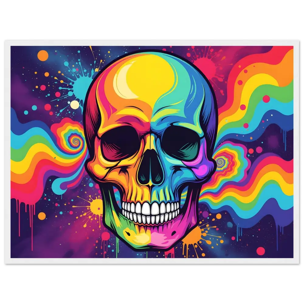 Colorful psychedelic skull art displayed on a premium matte framed poster