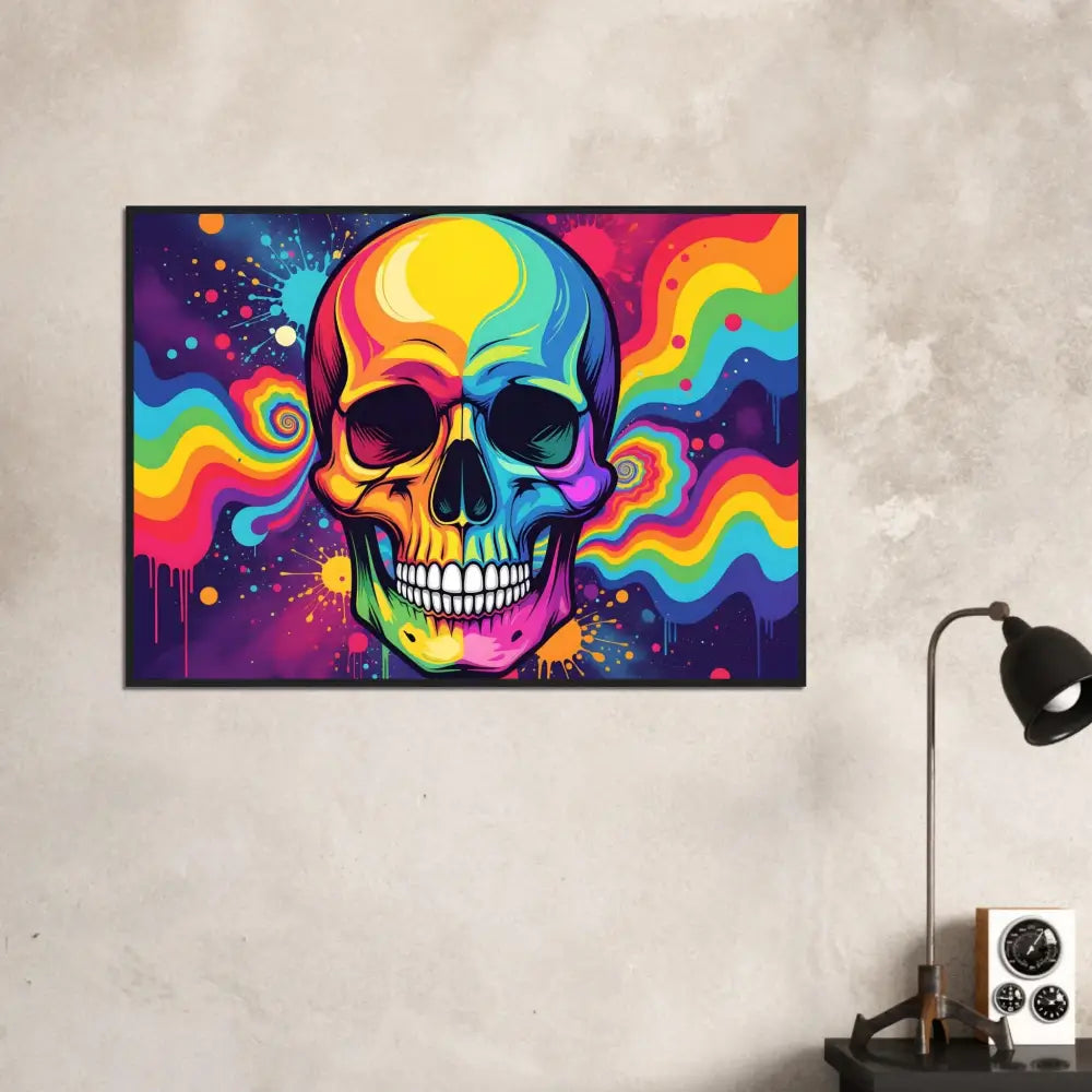 Framed psychedelic skull art poster displayed in PixiOnyx Neon Psychedelic Skull wall display