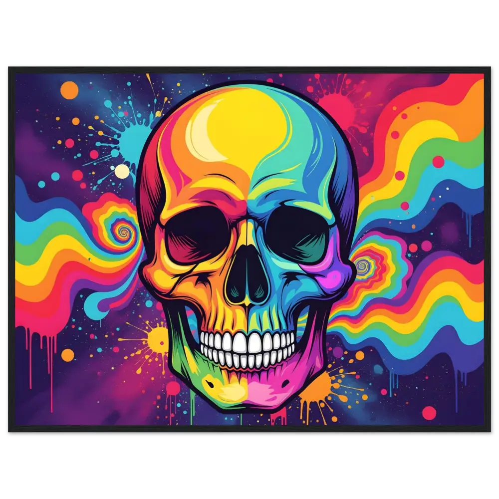 Colorful psychedelic skull art in a premium matte framed poster Neon Psychedelic Skull PixiOnyx
