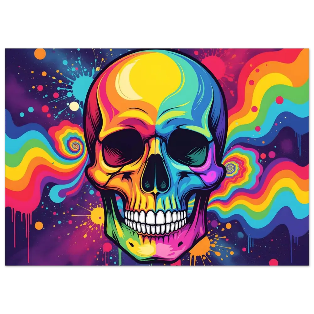 Colorful psychedelic skull poster for neon abstract wall art at PixiOnyx