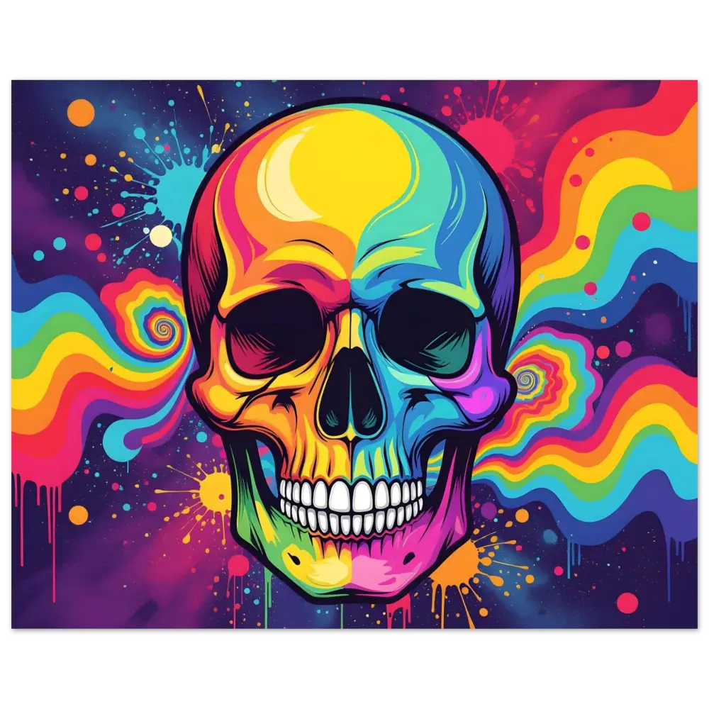 Colorful psychedelic skull poster in premium matte neon framed wall display