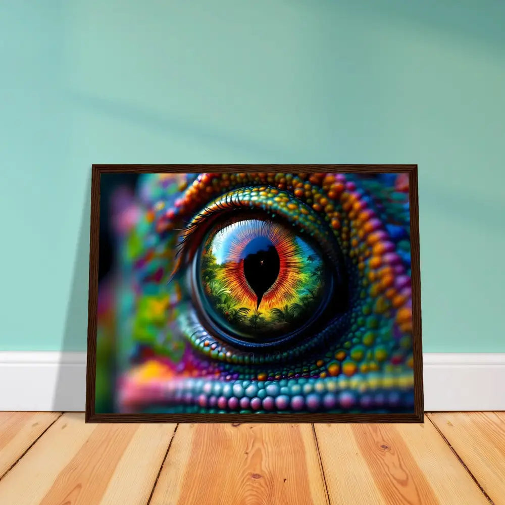 Framed chameleon eye art on premium matte paper in wooden frame titled Chameleon’s Prism