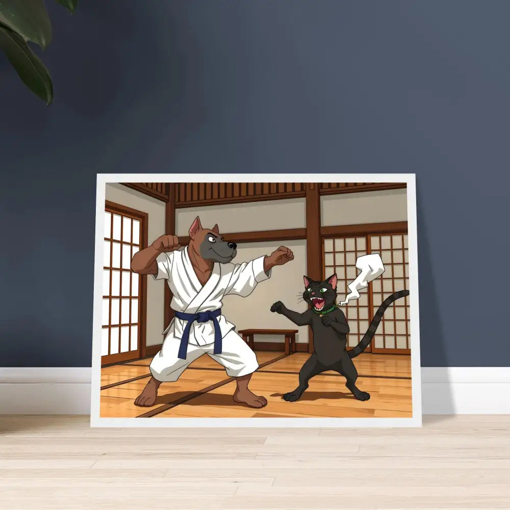 Framed cartoon of a dog and cat in karate uniforms on Premium Matte Paper Wooden Frame