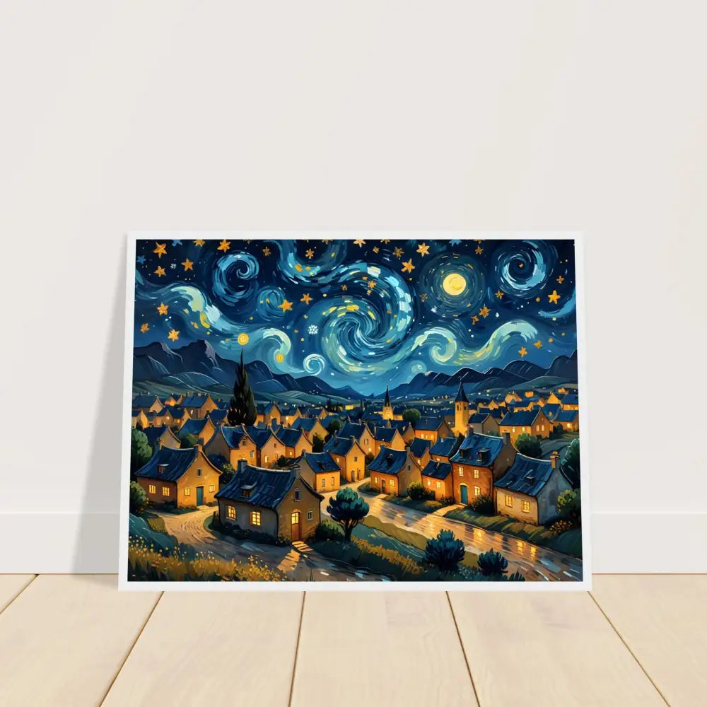 Starry Night style village painted on premium matte paper with wooden frame