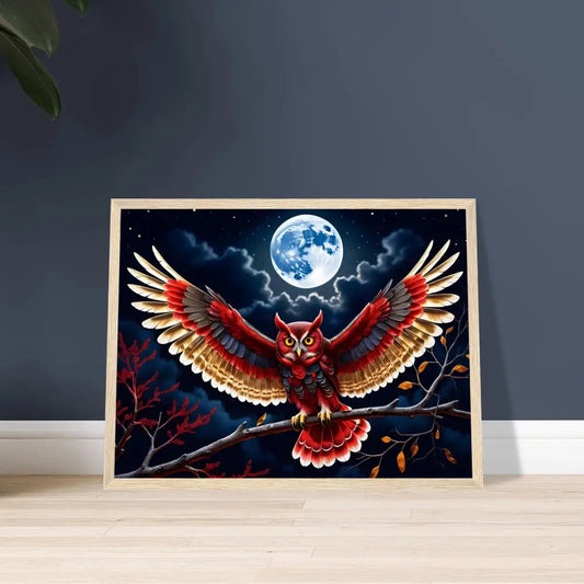 Framed owl painting poster titled Crimson Wings Unfurled by PixiOnyx Celestial Elegance