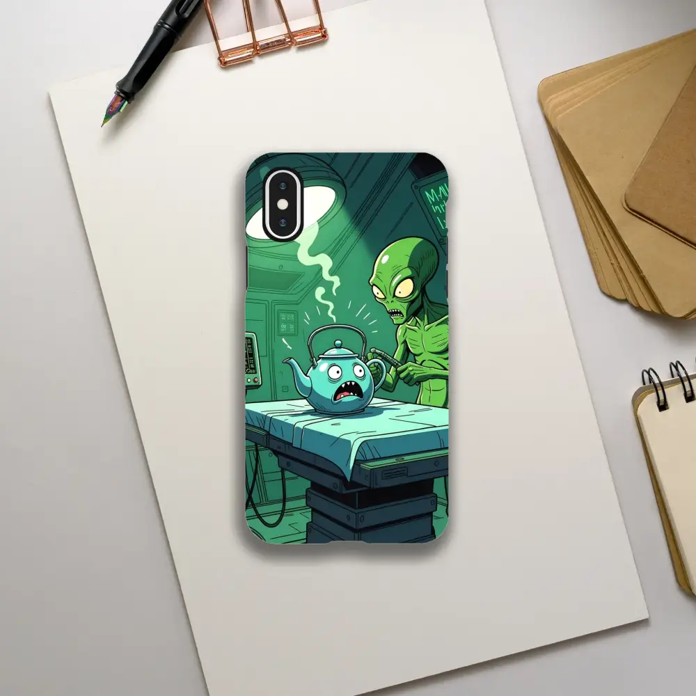 Cartoon alien abduction phone case featuring an alien scene on the Probe Protocol iPhone Tough Case