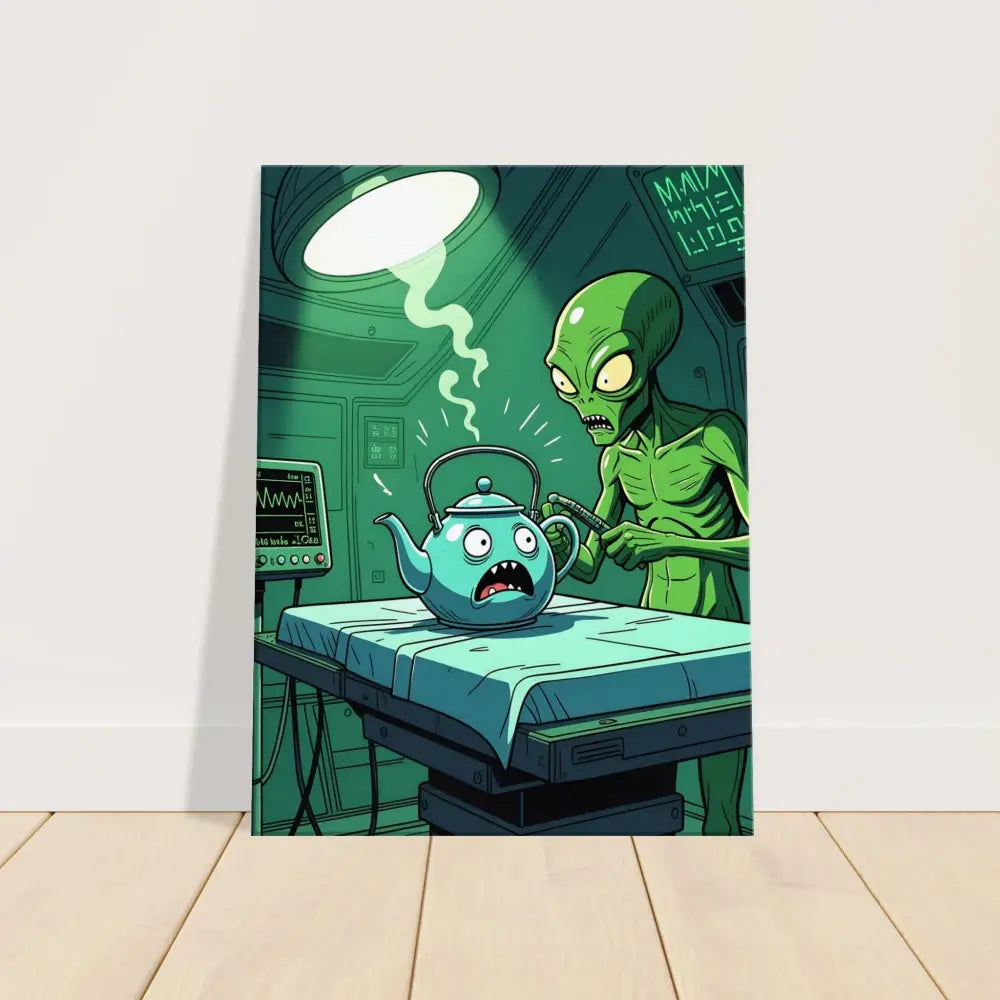 Cartoon alien operating on a teapot from Probe Protocol Canvas Tea Time Terror PixiOnyx Wall Art