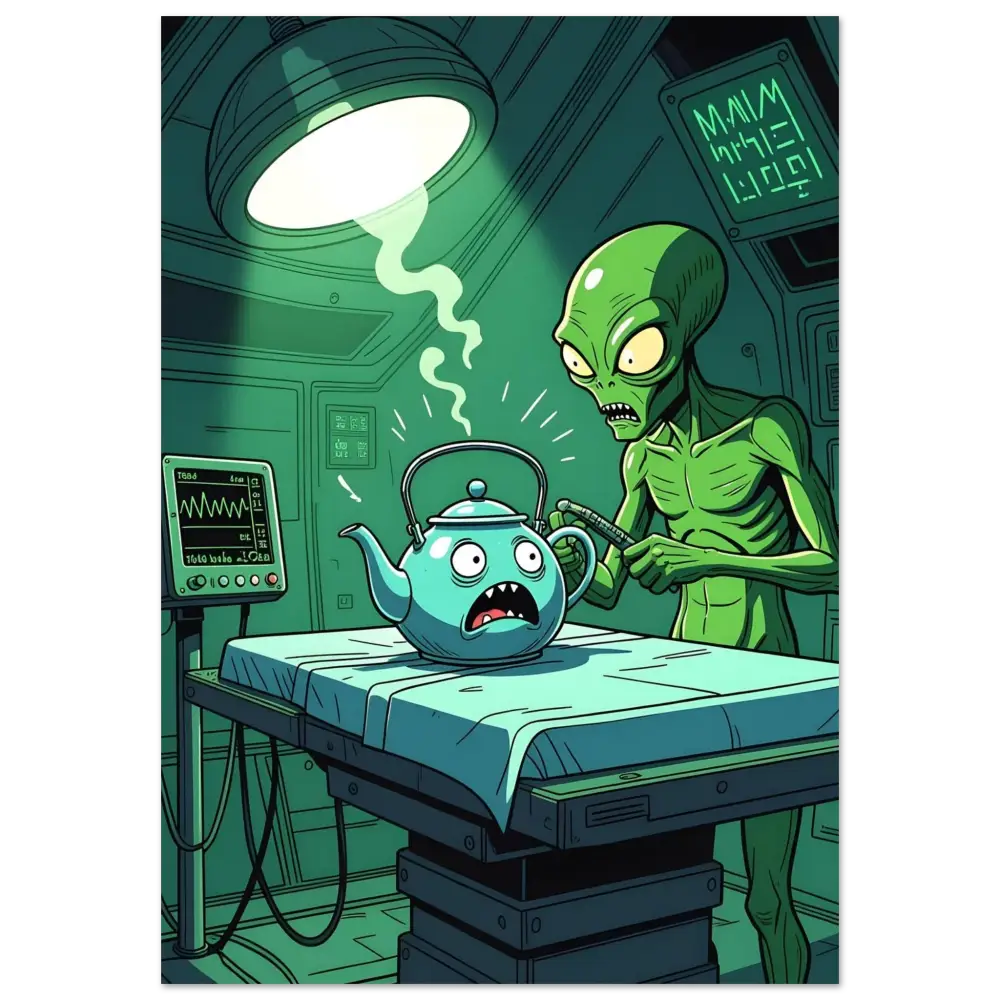 Cartoonish frightened teapot from Probe Protocol Metal Print Comic Abduction Scene