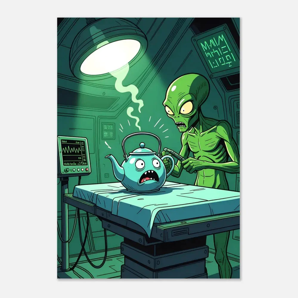 Cartoon alien examining terrified teapot on Probe Protocol Metal Print wall art