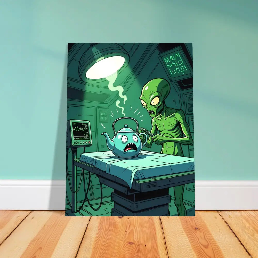Cartoon alien performing surgery on a teapot for Probe Protocol Poster PixiOnyx Fine Art Print