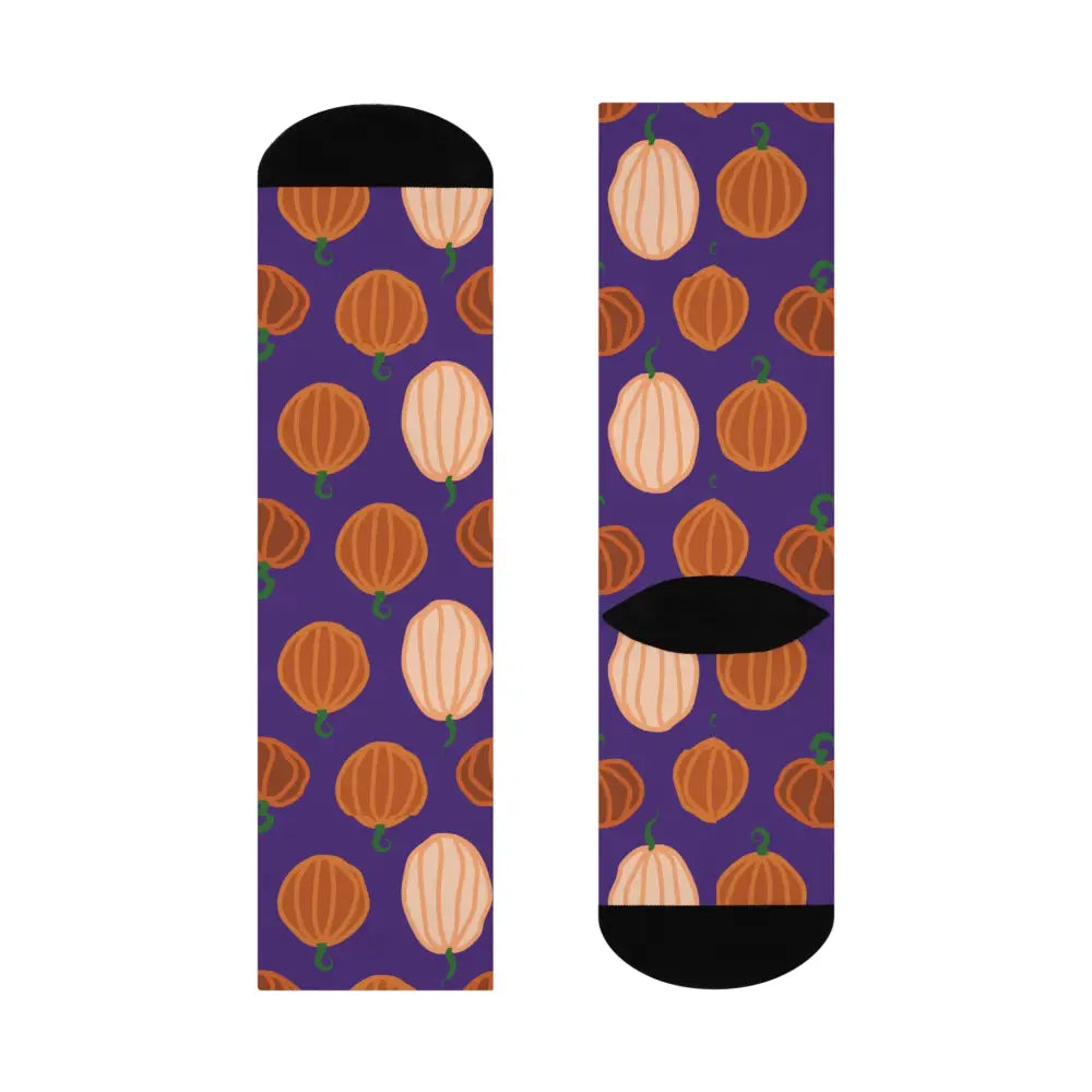 Purple pumpkin pattern cozy socks with orange and white Halloween pumpkin designs