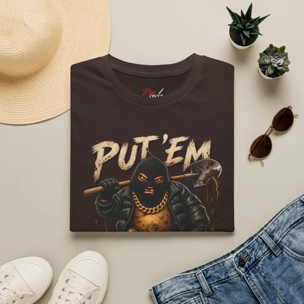 Dark brown crewneck put em in the dirt t-shirt made of ring-spun cotton tubular knit with masked figure graphic