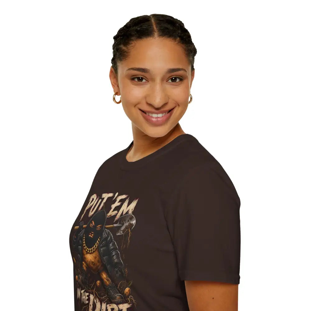 Dark brown put em in the dirt t-shirt featuring a masked figure graphic made of ring-spun cotton tubular knit with low heat care