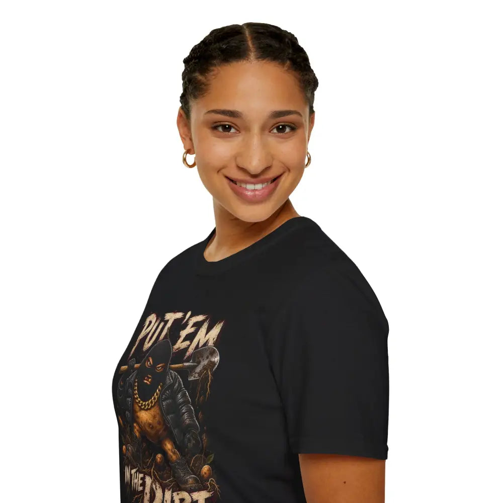 Black put em in the dirt t-shirt with bold masked potato graphic made of ring spun cotton and tubular knit