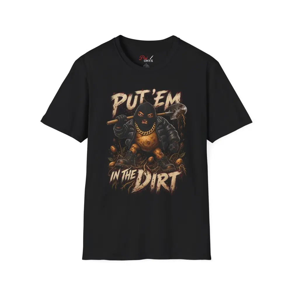 Black short-sleeved put em in the dirt t-shirt with masked figure and axe graphic made of low heat ring-spun cotton tubular knit