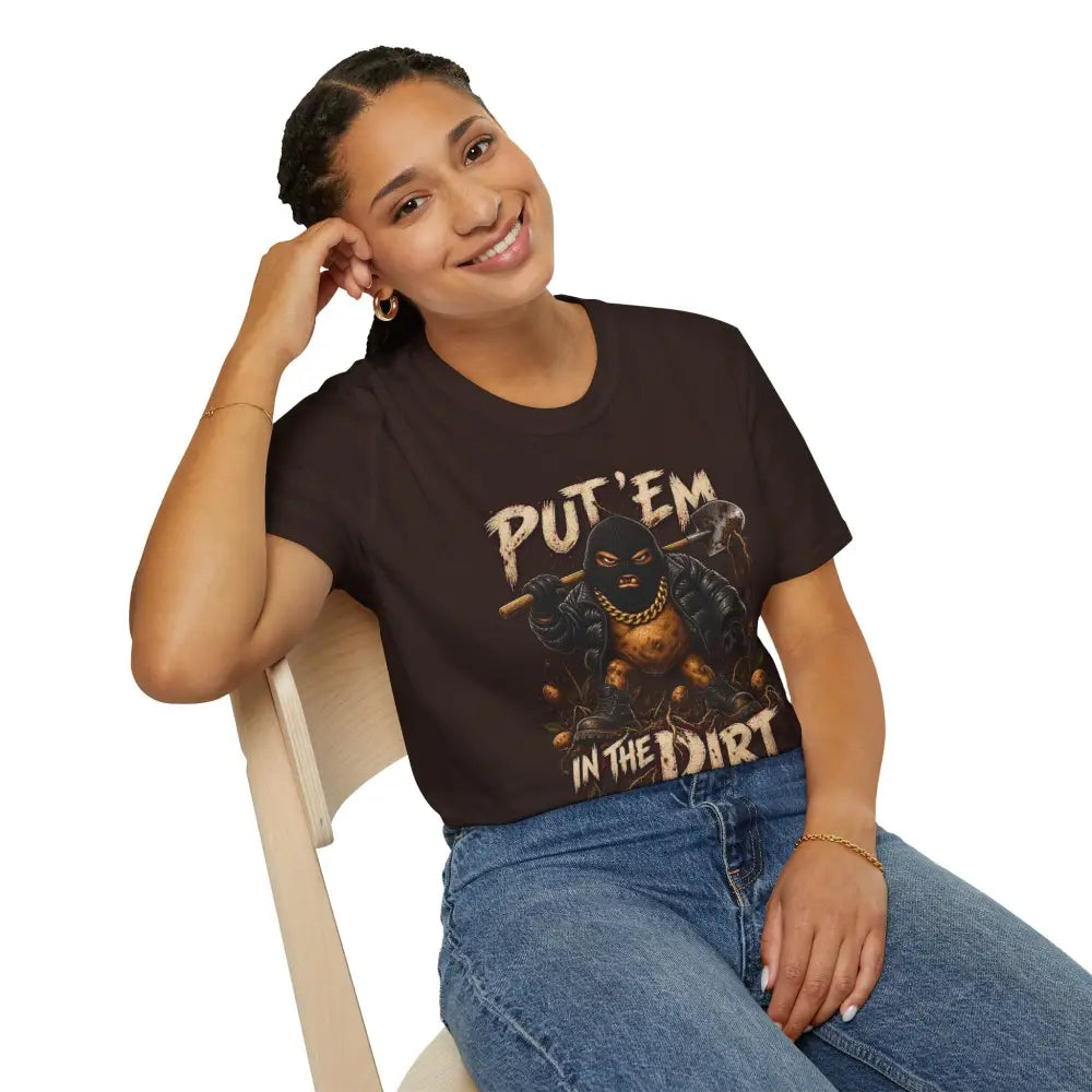 Black short-sleeved ring-spun cotton t-shirt with masked figure graphic and put em in the dirt text in distressed white