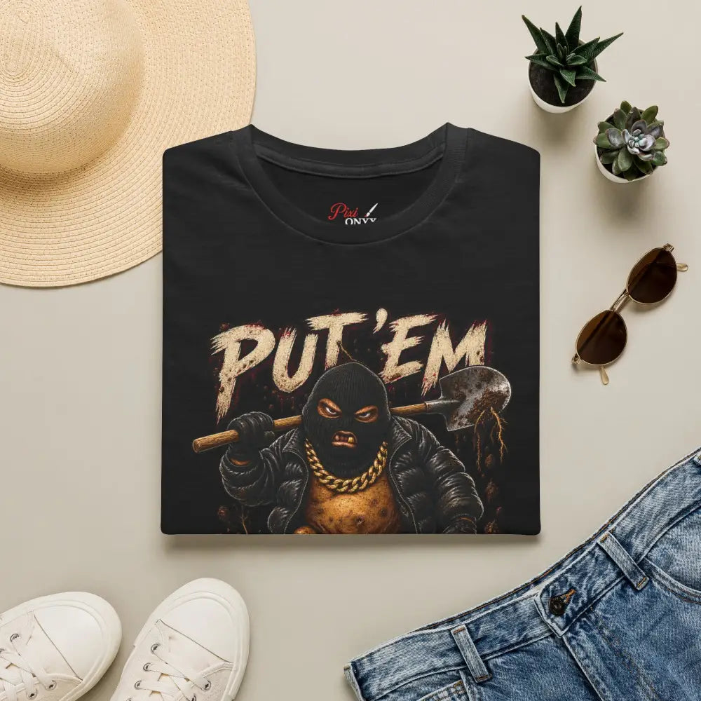 Black put em in the dirt t-shirt featuring masked figure with shovel graphic made of ring-spun cotton tubular knit