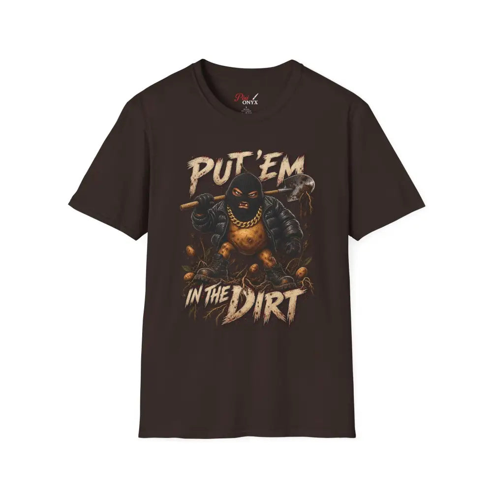 Dark brown put em in the dirt t-shirt made of ring-spun cotton tubular knit with masked figure graphic and low heat care