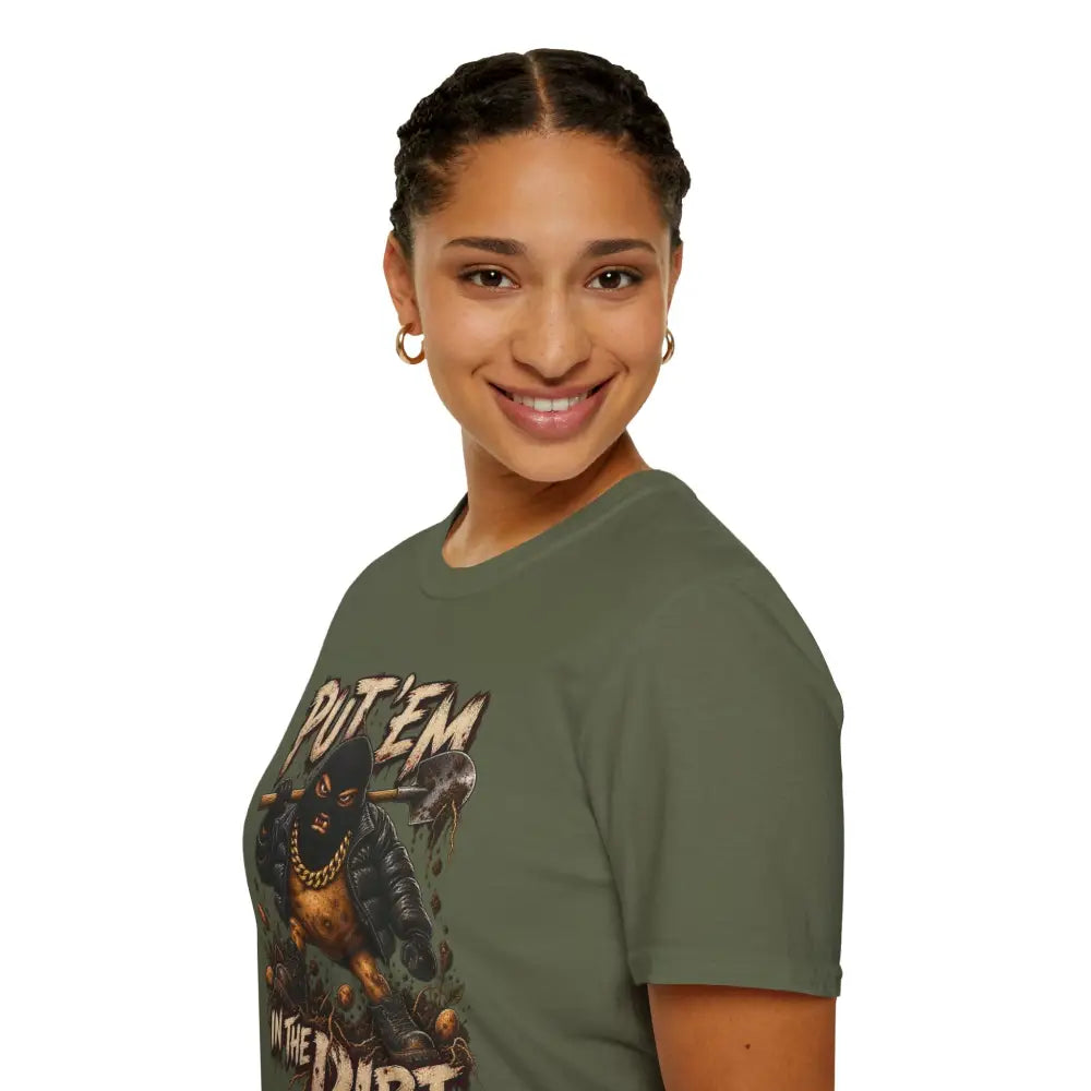 Olive green put em in the dirt t-shirt with masked potato graphic and distressed text made of ring-spun cotton tubular knit