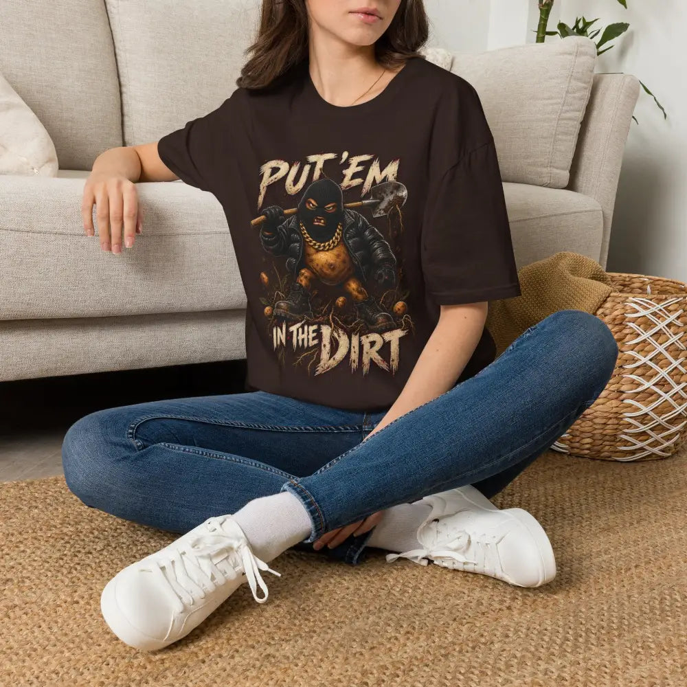 Black oversized put em in the dirt t-shirt with masked figure graphic made from ring-spun cotton tubular knit