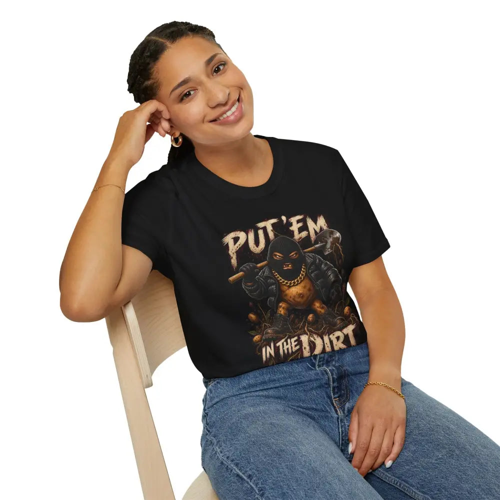 Black short-sleeved put em in the dirt t-shirt with masked figure graphic made of low heat ring-spun cotton tubular knit