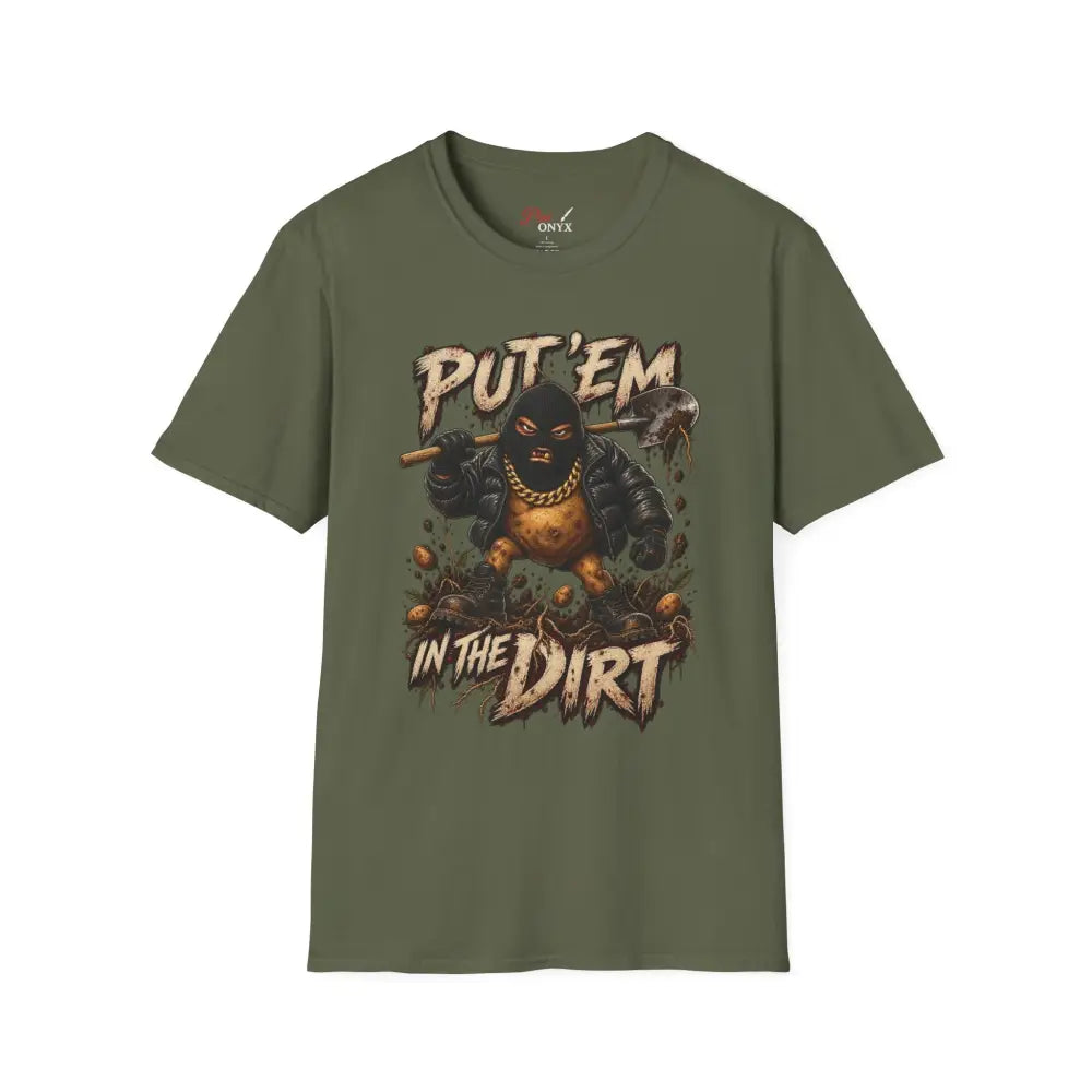 Olive green put em in the dirt t shirt featuring a masked figure graphic made of ring spun cotton tubular knit