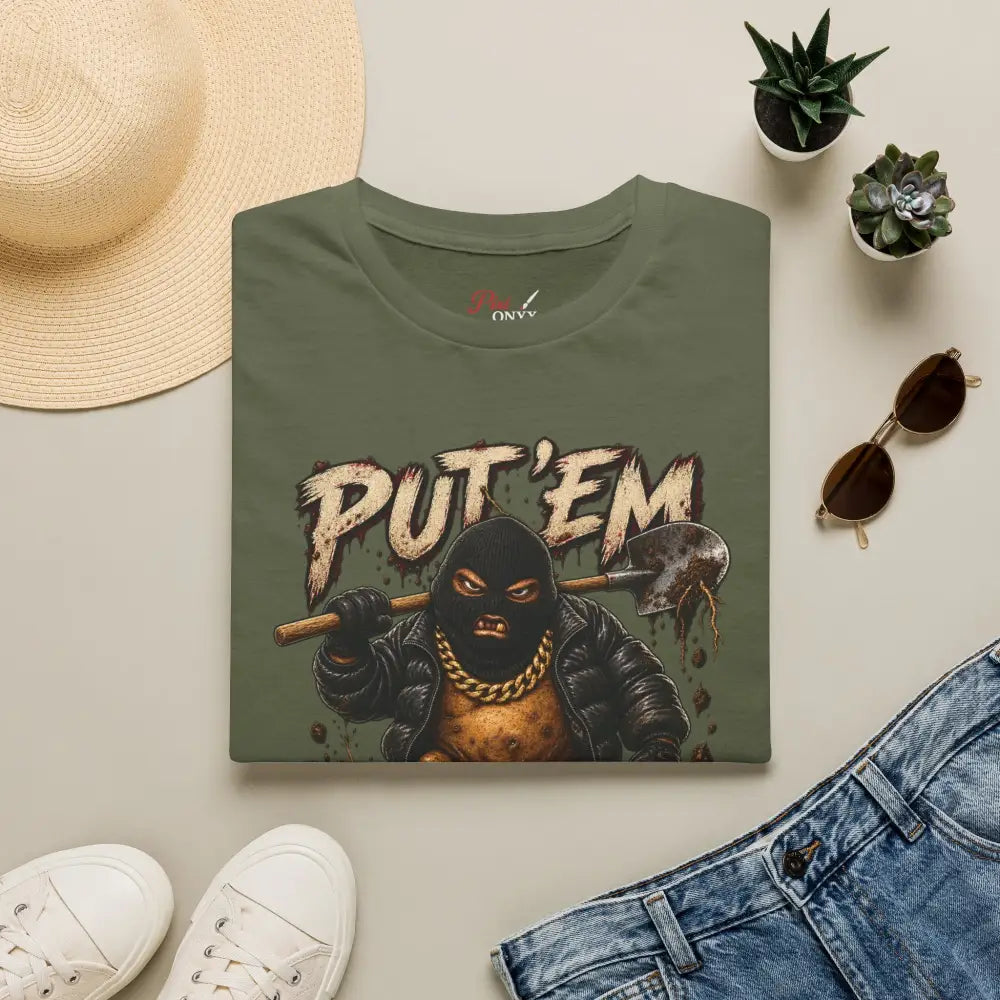 Olive green ring-spun cotton t-shirt with tubular knit featuring masked figure graphic and put em text for low heat care