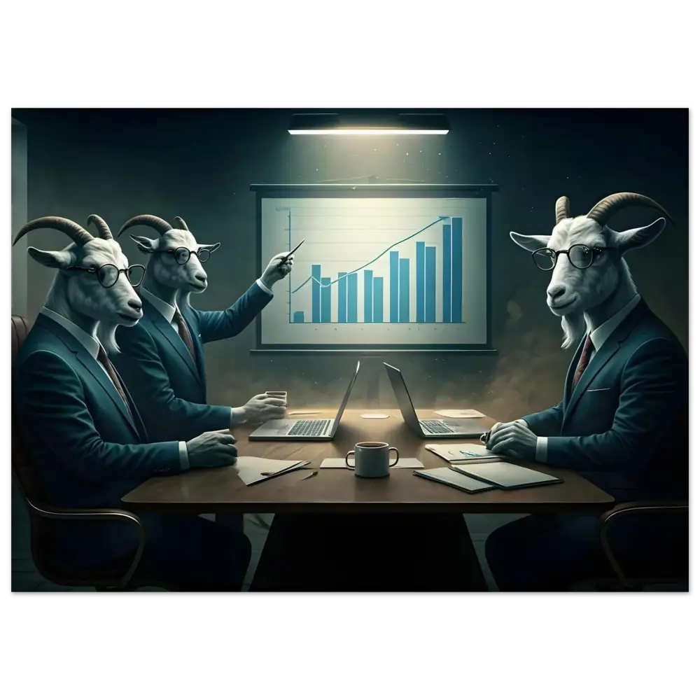 Goat-headed business executives reviewing Quarterly Goat Earnings Report on modern aluminum display