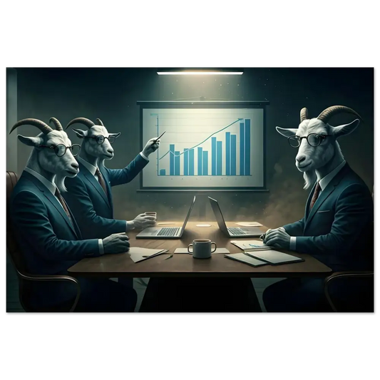 Goat executives analyzing a quarterly earnings report in a modern boardroom display