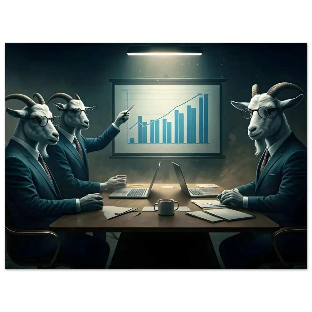 Goat-headed business team meeting displayed on Quarterly Goat Earnings Report Aluminum Print
