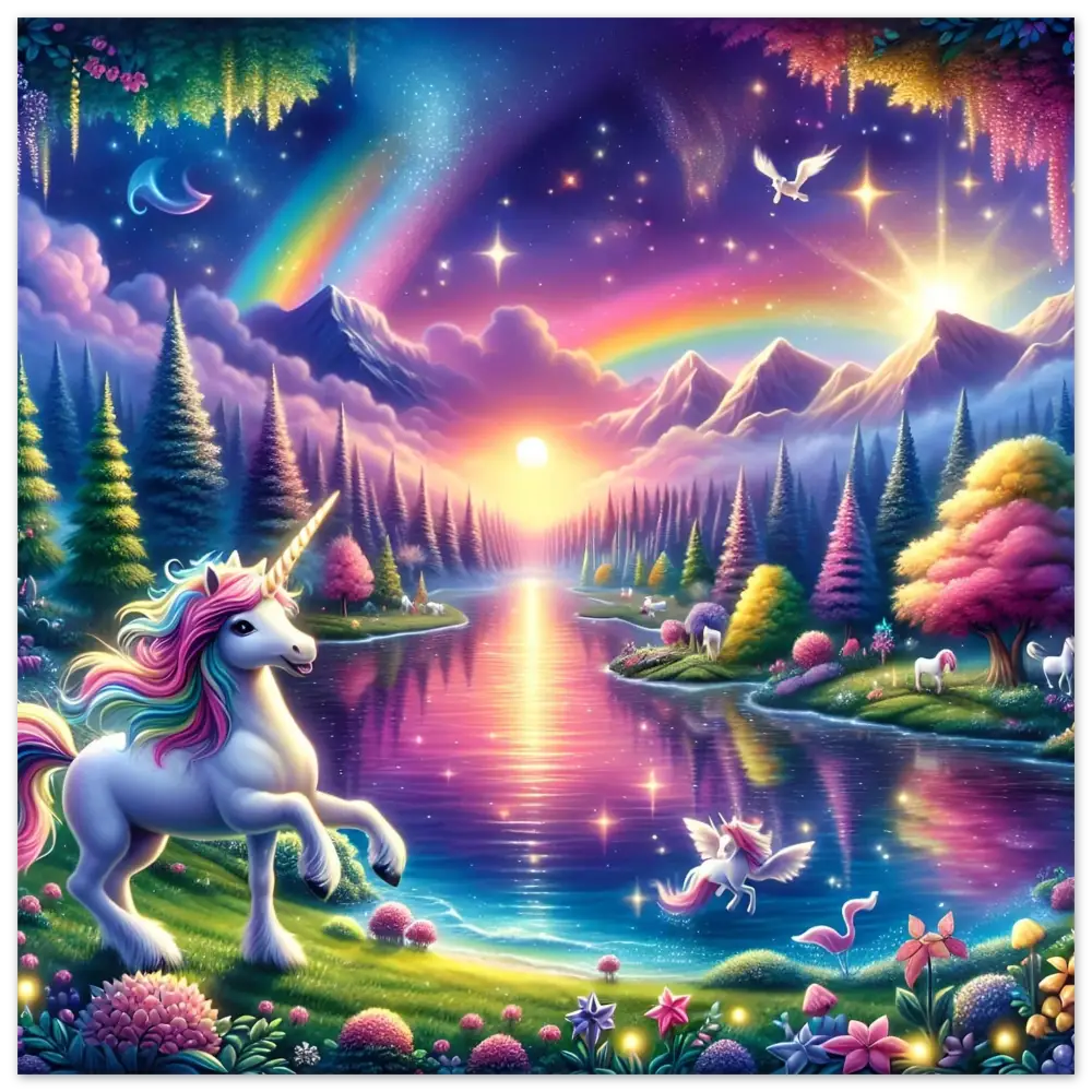Magical unicorn fantasy landscape artwork for Rainbow Unicorn Dreamscape Aluminum Wall Art