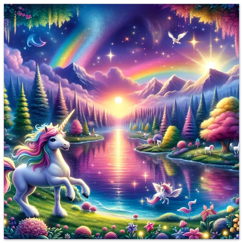 Whimsical unicorn fantasy landscape in Rainbow Unicorn Forest Fine Art Poster by PixiOnyx