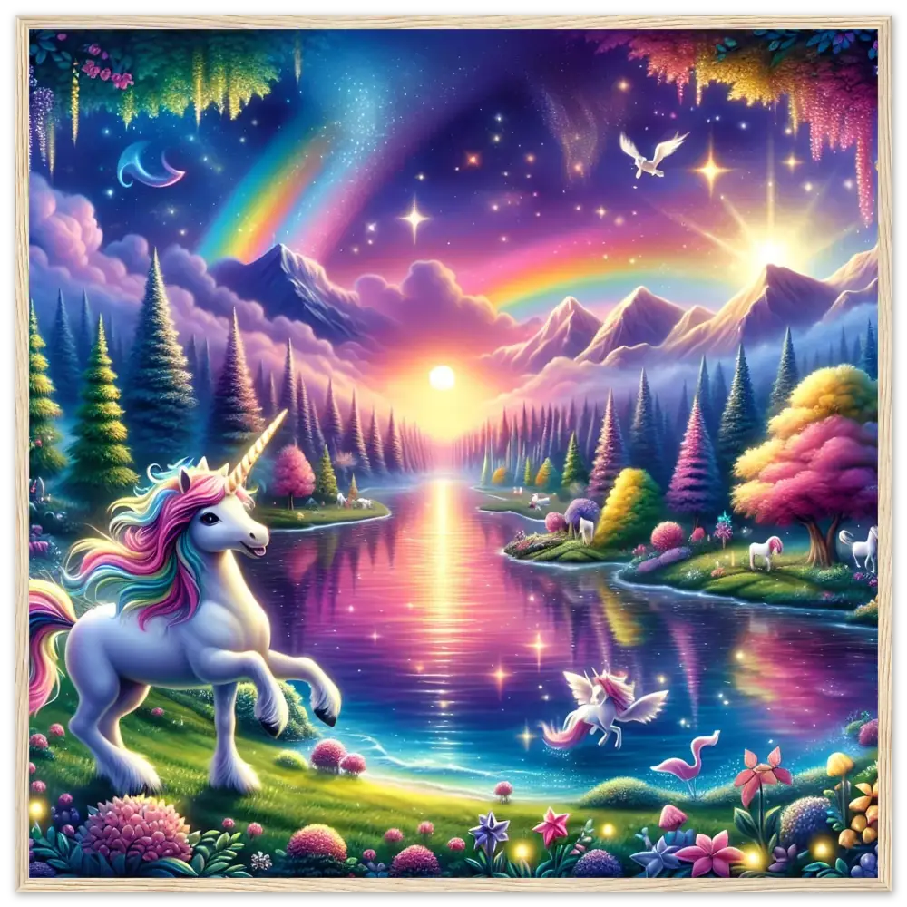 Vibrant unicorn fantasy landscape poster from Rainbow Unicorn Forest PixiOnyx Exclusive