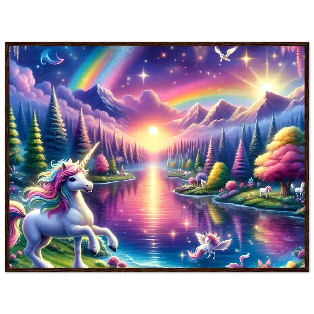 Fantasy unicorn landscape poster featuring vibrant colors and whimsical forest scene